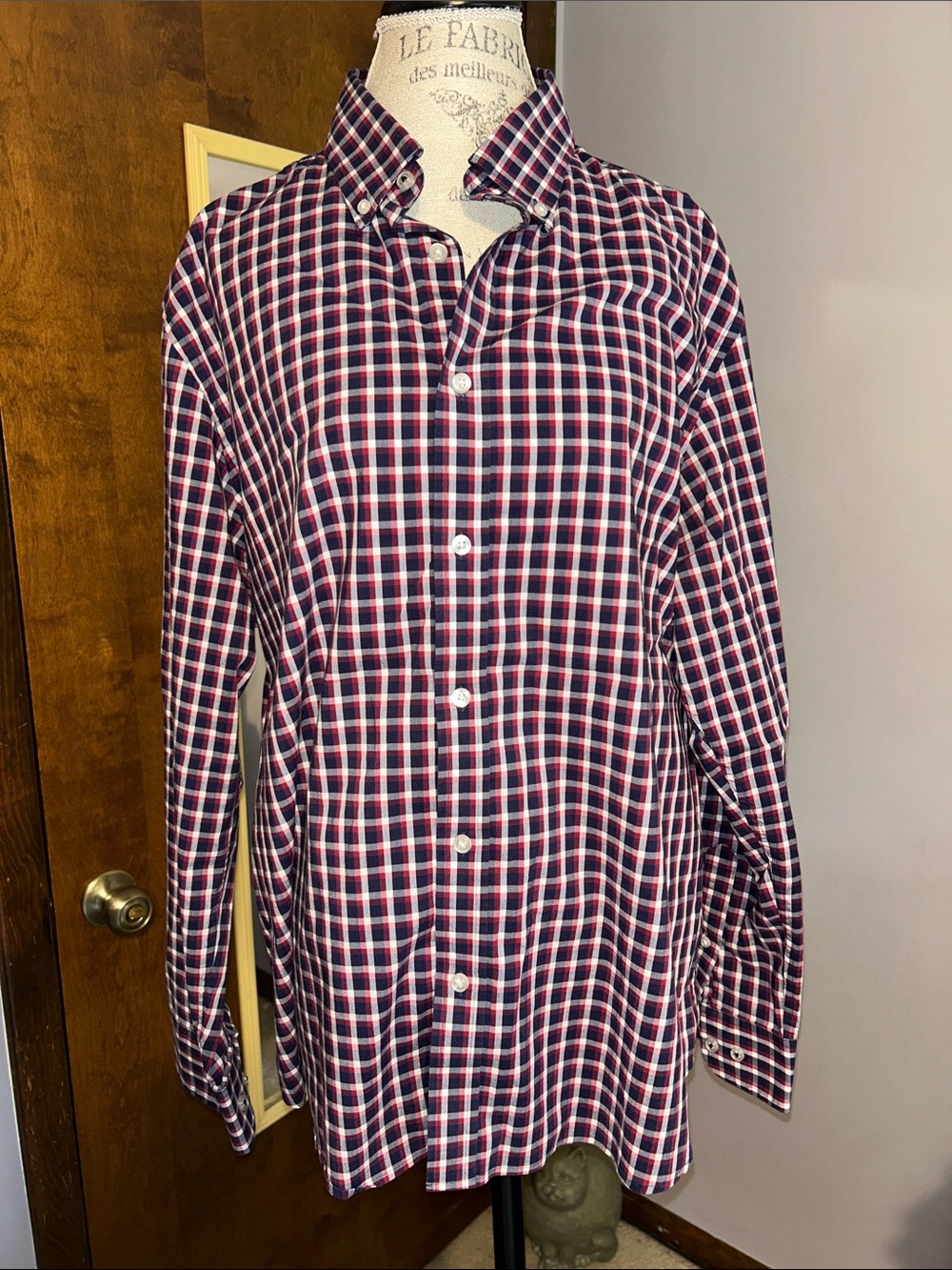 Lucky Brand Men's Red and Navy Plaid Button-Down Slim Fit Shirt